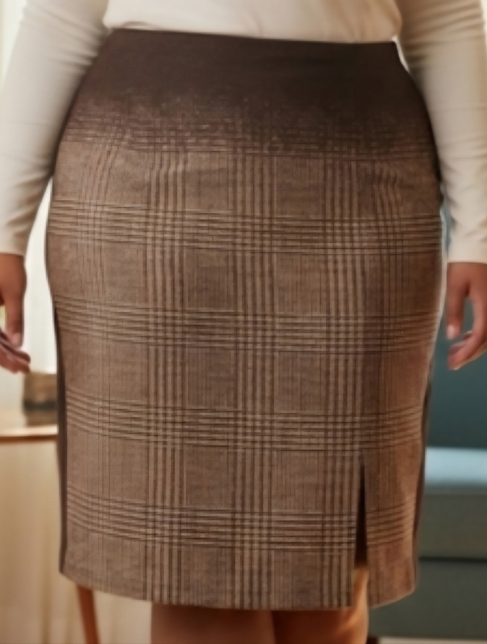 RIANI Plaid Pencil Skirt Size 12 Brown Wool Blend Career Office Tailored Slit